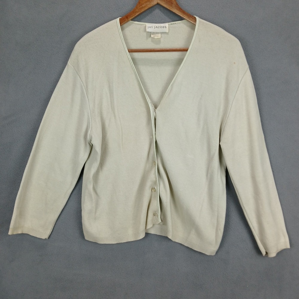 Jay Jacobs Cardigan Sweater‎ Womens Large Lime Green Beige Cotton Tight Knit